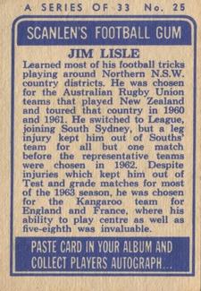 1964 Scanlens NRL #25 Jimmy Lisle Back
